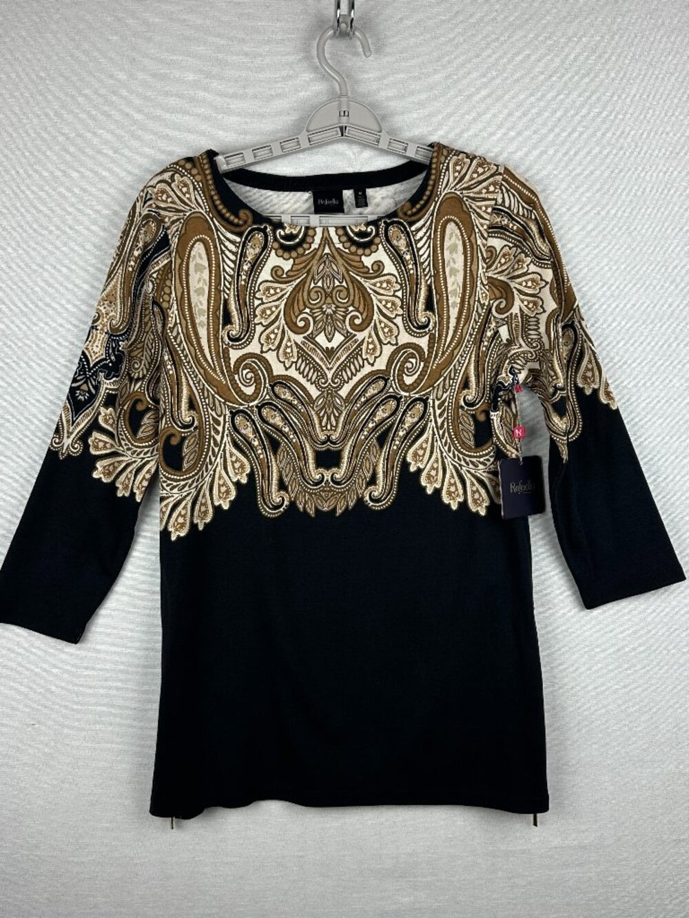 RAFAELLA Decor Paisley Print Black Stretch Cotton Knit Women's Blouse Size M